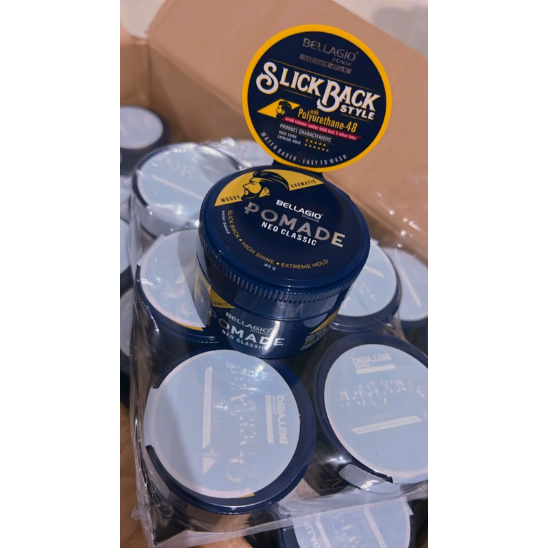 Bellagio Homme Pomade Neo Classic High Shine Extreme Hold Water Based 80Gram / Pomade Bellagio Belagio Belajio Klasik untuk Rambut Ikal Kering Strong Hold Klimis dan Basah Aroma Woody Aromatic Wangi Parfum Tahan Lama Import BPOM Halal 100% 0riginal