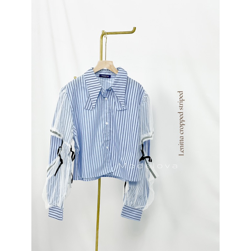 MDLV ~ 7899# Lenitta Cropped Striped Shirt Atasan Korea Import