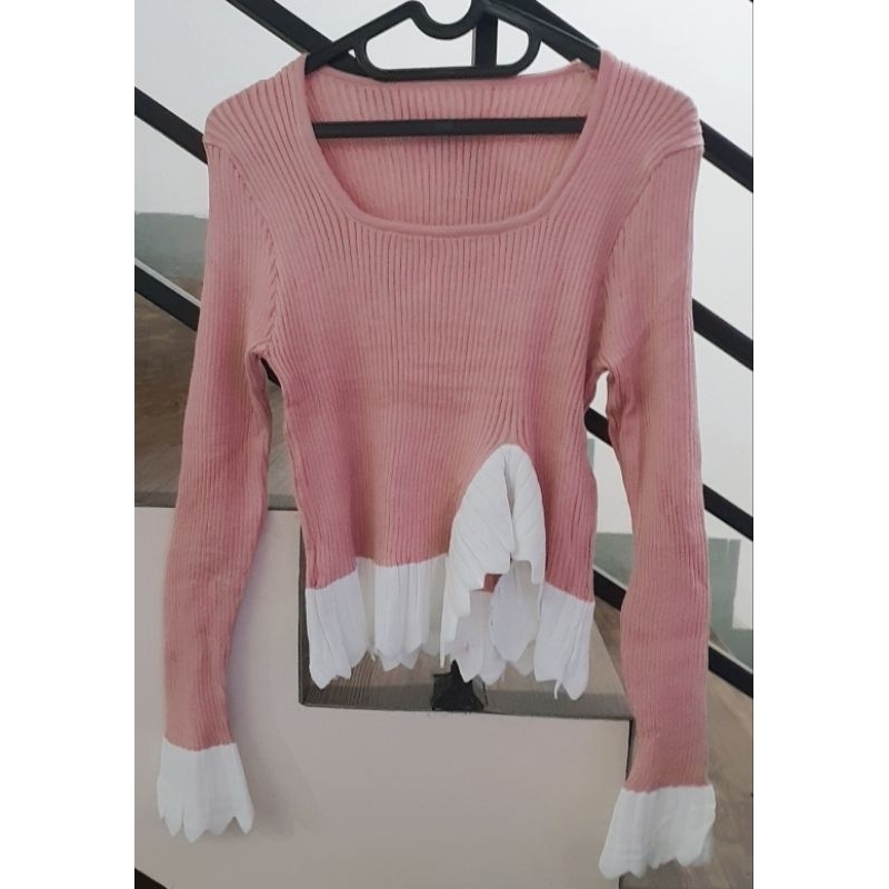 ❤️ IMPORT ❤️ READY ! CHALLISE TWO TONE SQUARE NECK LONG SLEEVE ZIG ZAG RIB KNIT BLOUSE SWEATER SWEATSHIRT