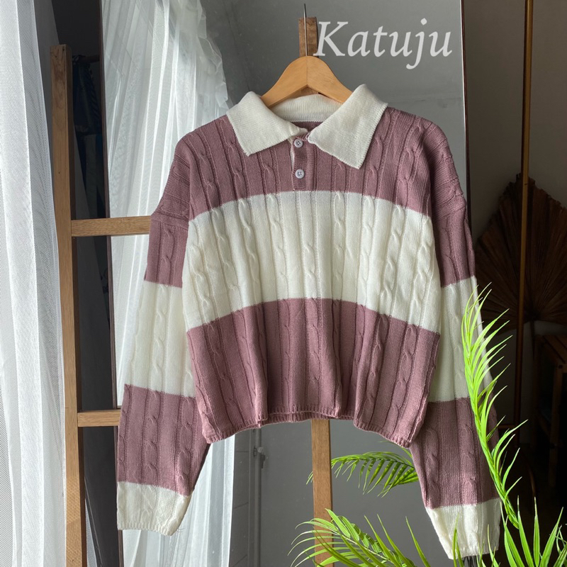 SWEATER CROP TOP CABLE STRIP KANCING KERAH KNIT PREMIUM CABLE KOREAN STYLE