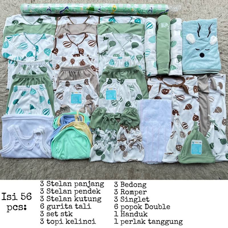 56pcs Paket Lahiran Komplit Perlengkapan Baju Bayi Celana bayi kado combo Mix Balon warna Sage Cream SNI Sale 7.7