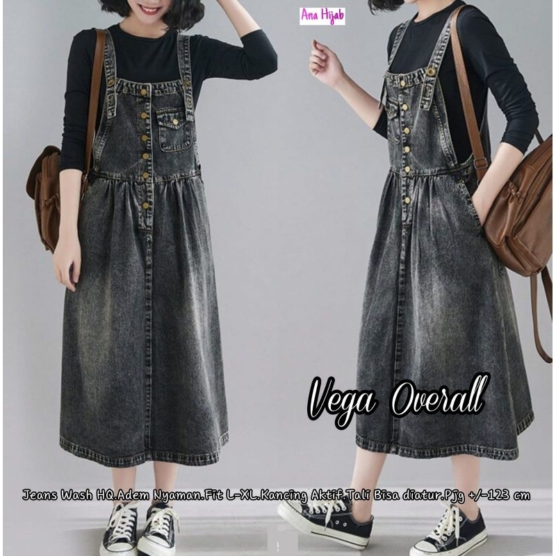 OVERALL JEANS DRESS WANITA/VEGA OVERALL DRESS MIDI WANITA JEANS WASH HQ ALL SIZE FIT XL