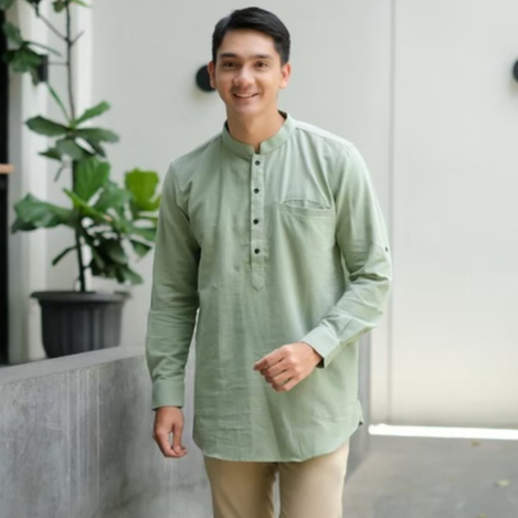Baju koko kurta pria dewasa lengan Panjang bahan linen premium original warna sage mint putih kuning
