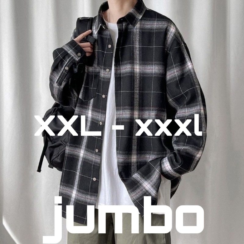 kemeja flanel pria over size jumbo XXL XXXL lengan panjang