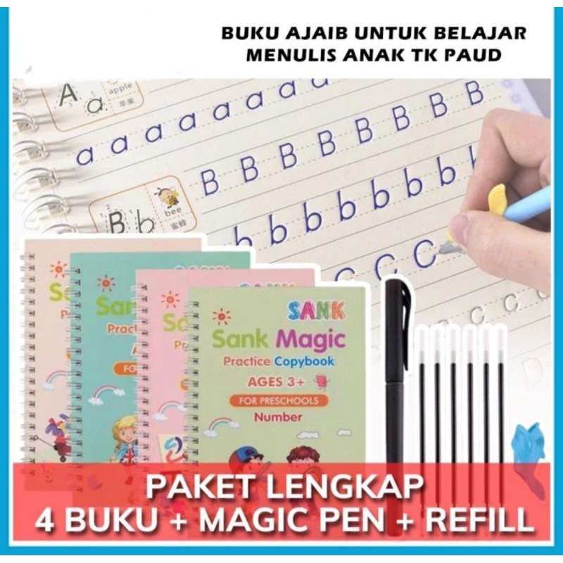 

isi 4 paket buku edukasi ajaib belajar menulis anak sank magic book Reusable buku tulis hapus