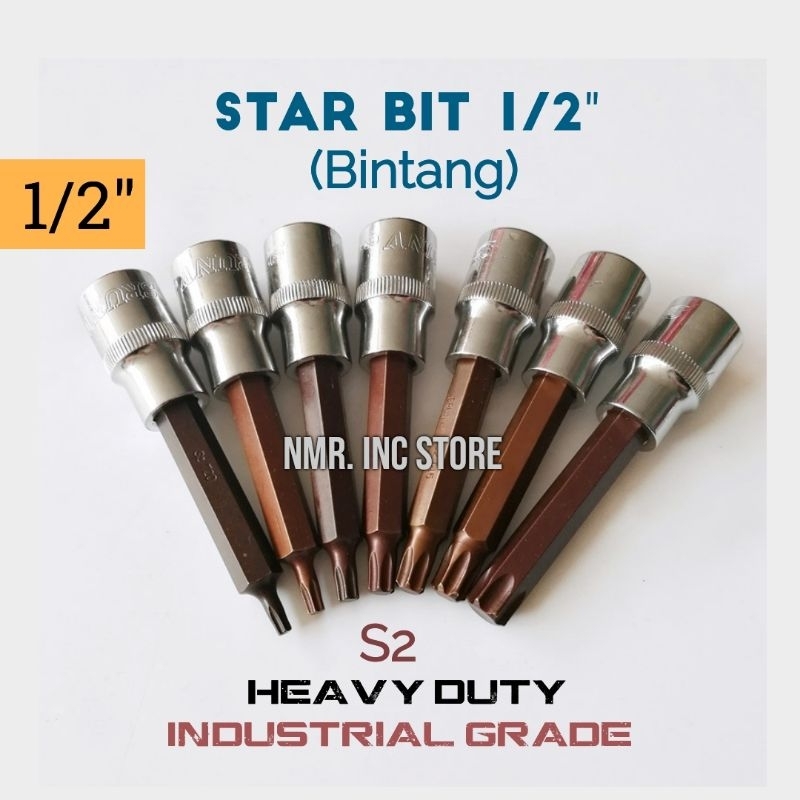 Mata Kunci Shock Star Bit 1/2 Bintang T20 T25 T27 T30 T35 T40 T45 T50 T55 StarBit S2 Heavy Duty, Obeng Sok, Sock, Socket.