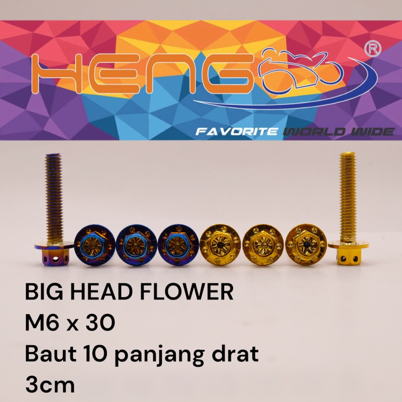 FLOWER HENG THAILAND gold dan blue burn m6x30 6x30 baut 10 panjang drat 3cm STAINLESS STENLIS ANTI KARAT HARGA SATUAN
