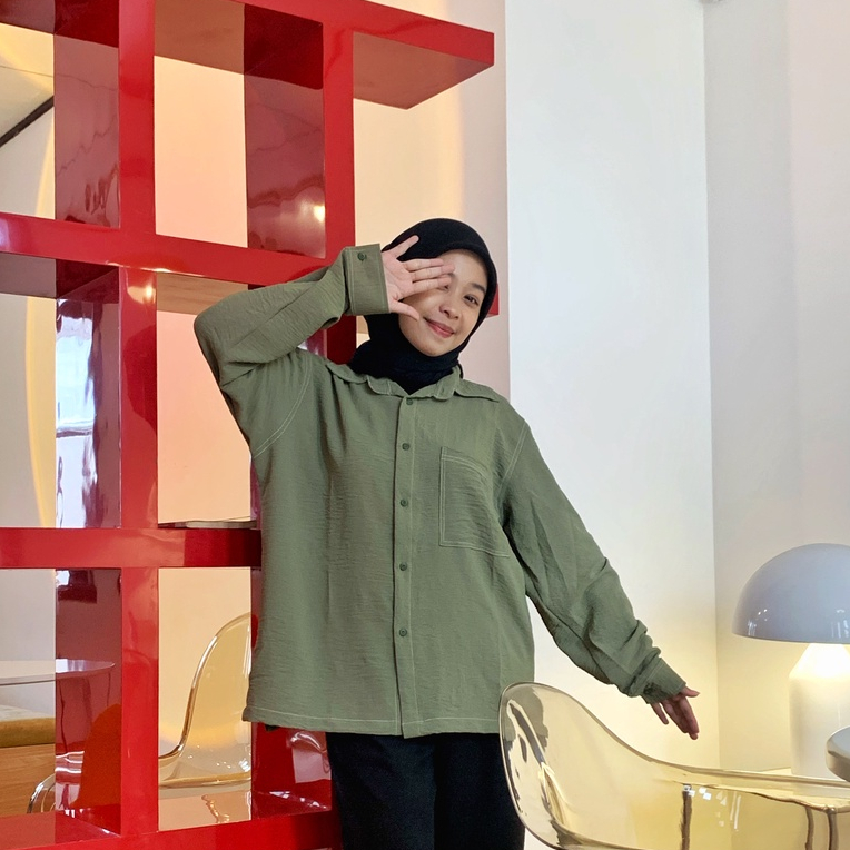 Kemeja Panjang Army Wanita Oversize - SELENA Blouse Crinkle - Atasan Wanita
