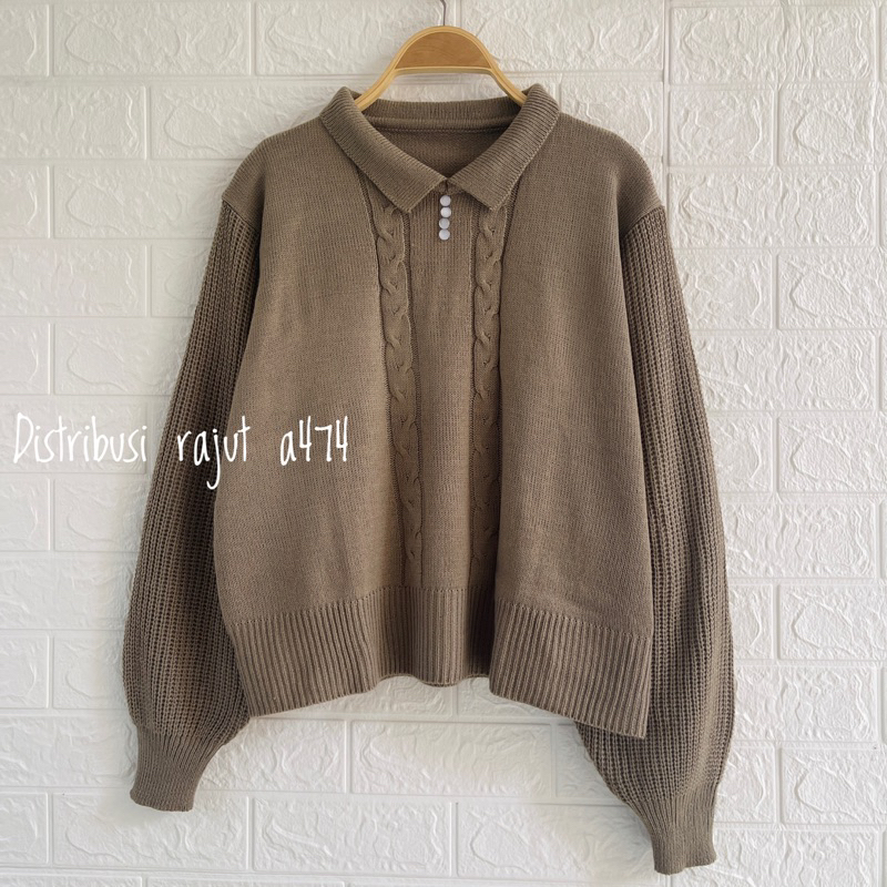 SHELLA POLO SWEATER RAJUT MOTIF GARIS CABLE ATASAN LENGAN PANJANG WANITA OVERSIZE