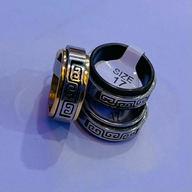 Cincin Couple Hitam 3G Yunani Spinner Putar Titanium Stainless Steel Dan Sisi Rata Polos Anti Karat Selamanya Fashion Ring Pria Wanita Eropa Amerika Gaul Metal Gaya Elegan Kasual Vintage Colossal Anniversary Hari Jadi