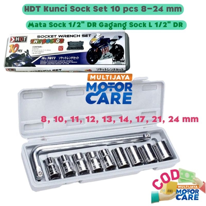 Socket Wrench Set Kunci Shock Sok Set 10 Pcs  Motor Mobil Gagang 1/2 Inch Mata Shock 8 10 11 12 13 14 17 19 21 22 24 mm