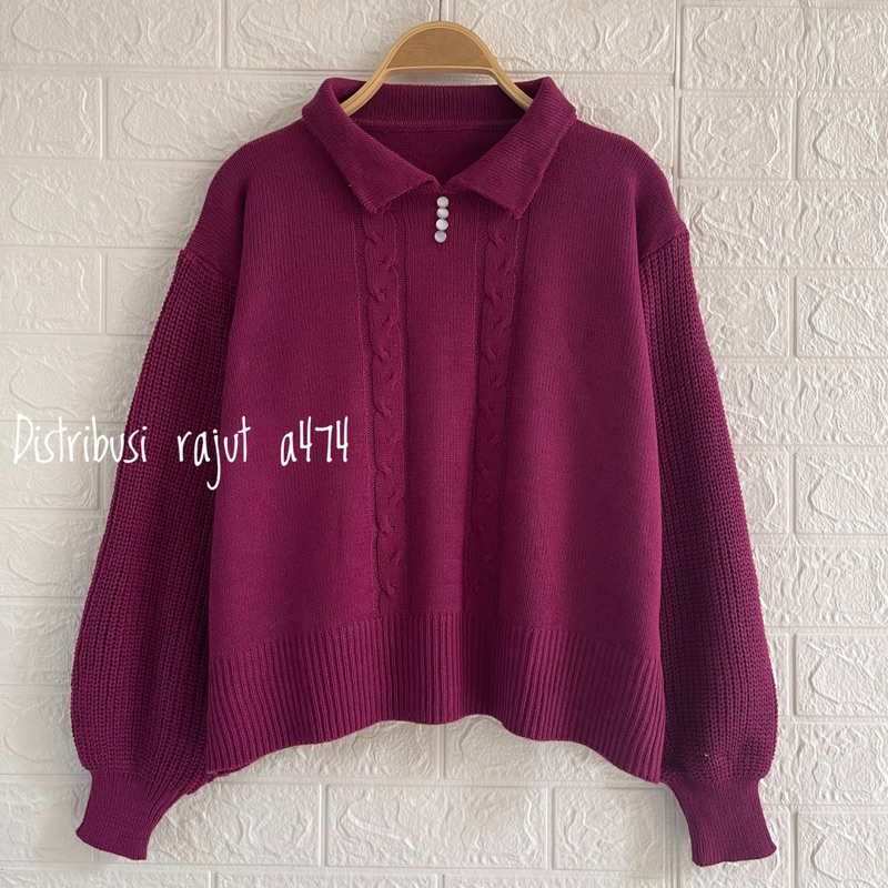 SHELLA POLO SWEATER RAJUT MOTIF GARIS CABLE ATASAN LENGAN PANJANG WANITA OVERSIZE