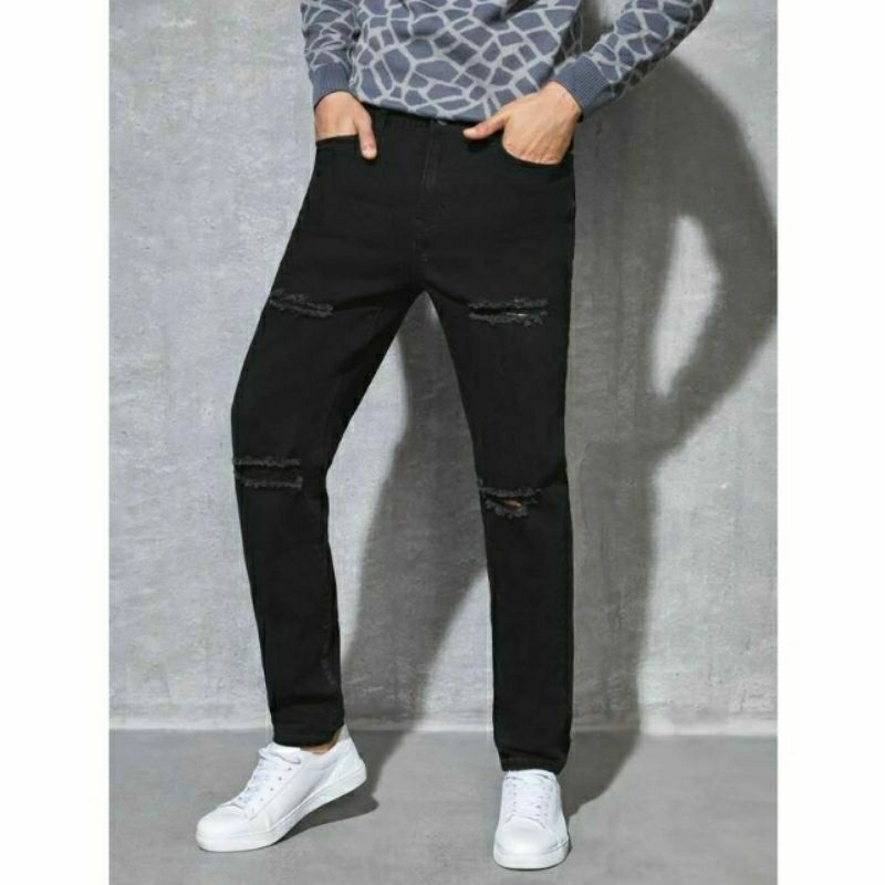 CELANA SOBEK PRIA RIPPED JEANS STANDAR BASIC REGULER ROBEK JINS HITAM 27-38