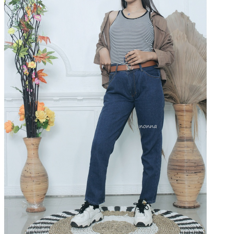 Celana Highwaist Boyfriend Jeans Wanita - BF Jeans Polos Basic Standar