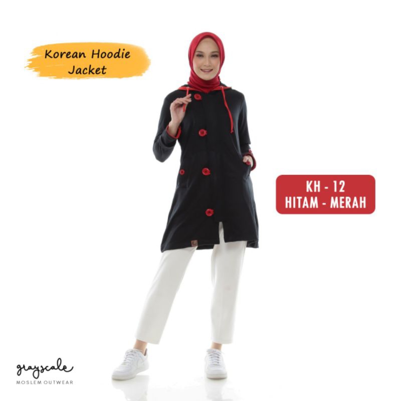 Jaket Muslimah Korean Hoodie Hitam Kombinasi Merah KH 12