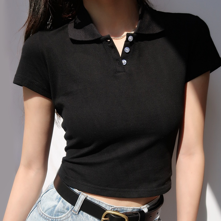 [Premium] Korean Plain Solid  Short Sleeve Polo Crop Top 7028 S/M/L