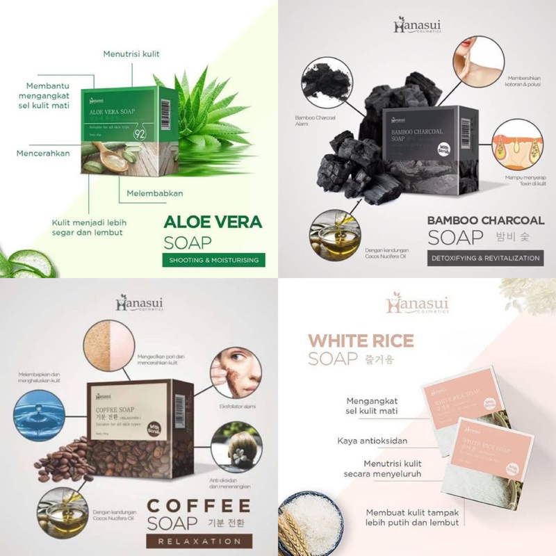 LENGKAP VARIAN {KIRIM INSTANT COD MEDAN TERMURAH} BPOM 60 GR HANASUI SOAP SERIES / HANASUI SABUN BATANG ALOEVERA -CHARCOAL COFFEE RICE - BAR SOAP HANASUI