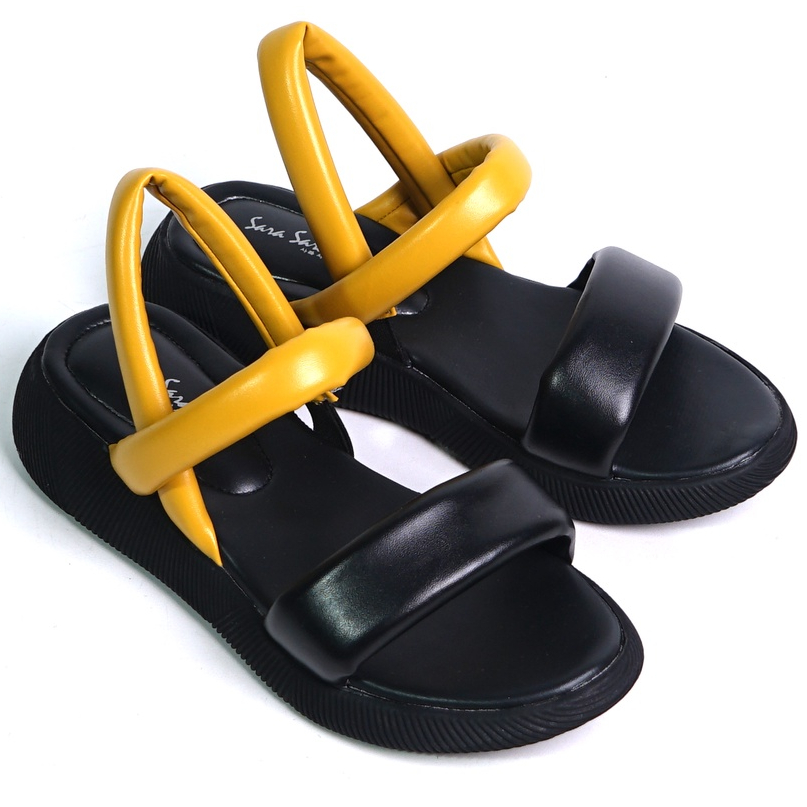 SARASARA YUK - LARA Sepatu Sandal Wanita Wedges Tinggi 4cm Model Tali Strap belakang Hak 4 cm Spatu Sendal Gunung Cewek  Size 36 37 38 39 40 Sara sara Warna Black Mustard Hitam Kuning Cewe Kekinian Premium Terbaru Shoes Ori Original Mall Official Store