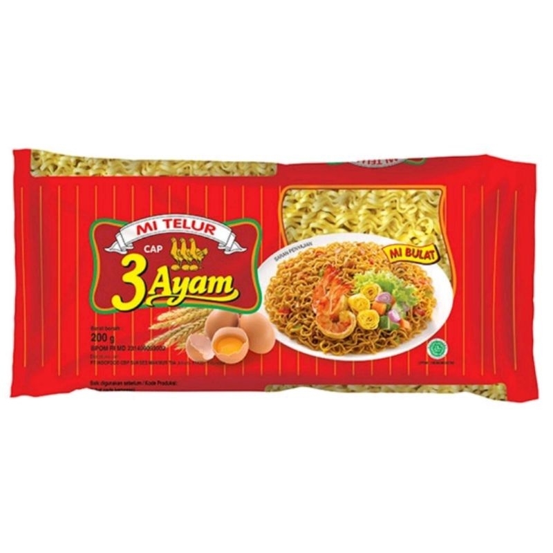 

1 DUS/20 PCS MIE TELUR CAP 3 AYAM MI BULAT BUNGKUS MERAH 200 GRAM