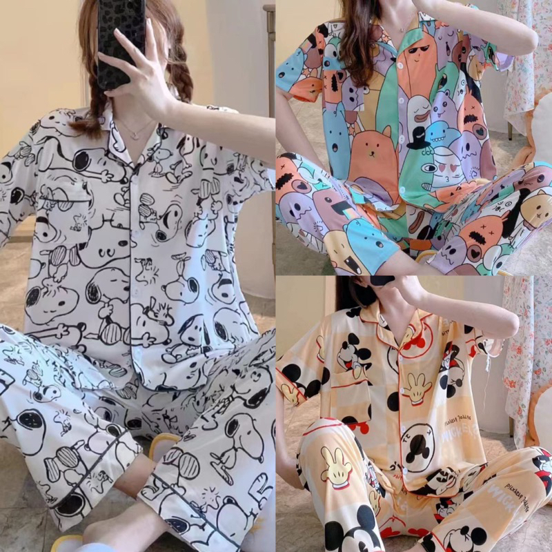 NEW!!! Ready Stock Baju Tidur Piyama Set Kemeja Celana Panjang Baju Lengan Pendek / Piyama Import / Premium Quality / Baju Tidur Import / Baju Tidur Murah / Piyama Set / Baju Per Set Tidur