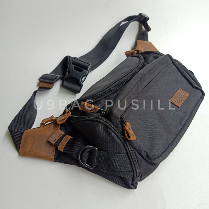 Pusiill waistbag  bahan coudura dengan kombinasi kulit sapi tas pinggang tas slempang