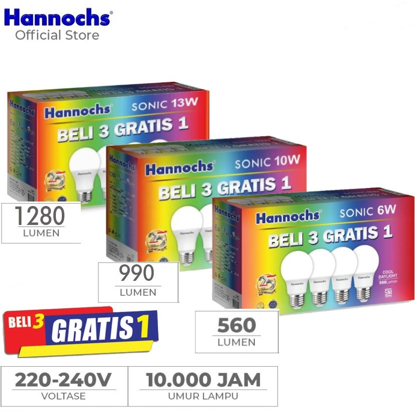 Hannochs Sonic PAKET 3 in 1 Bohlam Lampu LED 3-6-10-13 Watt Cool Daylight Putih BELI 3 BONUS 1