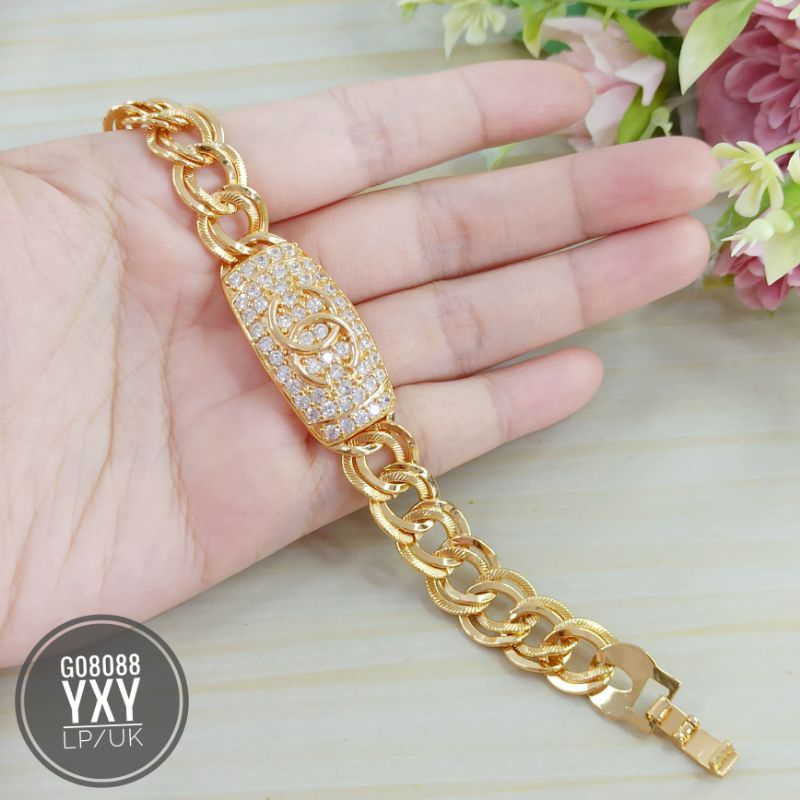 Gelang yaxiya Rantai double plat zircon Gold G08088