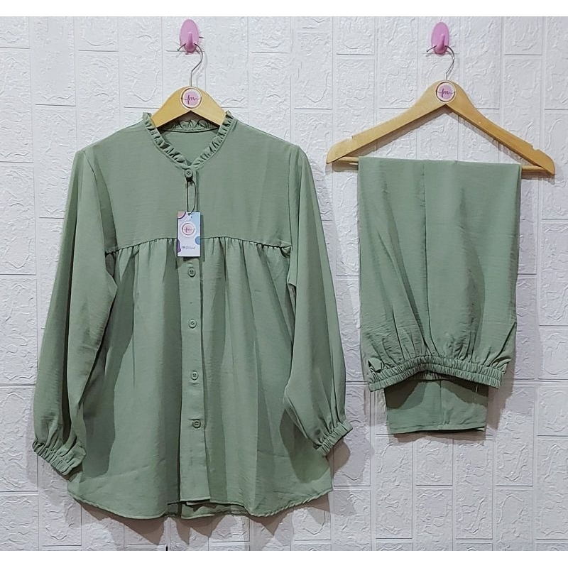 ONE SET RAYON CRINKLE AIRFLOW SETELAN // SETELAN RAYON CRINKLE AIRFLOW// DRESS RAYON // SETELAN RAYON  //BUSUI FRIENDLY//PIYAMA//PREMIUM//HOMEY//BUSUI-Hijau Mint