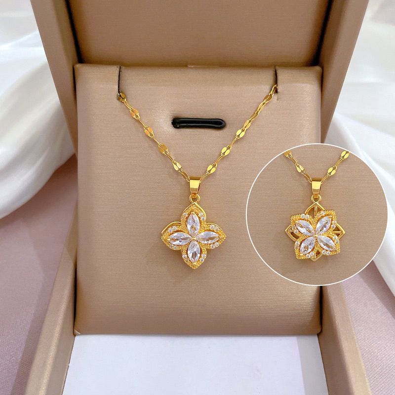 kalung titanium asli diamonde permata mewah clover emas