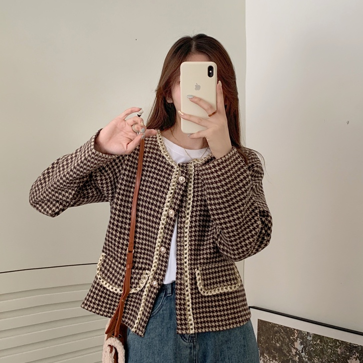 Jaket Wanita Terbaru Korean Style Lengan Panjang Kotak-kotak Kekinian Crop Cardigan Vintage Wanita