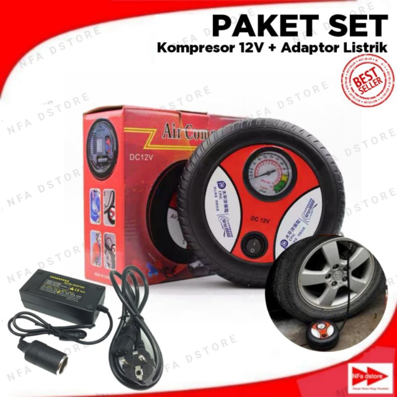 Paket Set Siap Pakai Kompresor Mini Pompa Angin Ban Motor Mobil + Adaptor Konverter Ac To Dc 12V Por