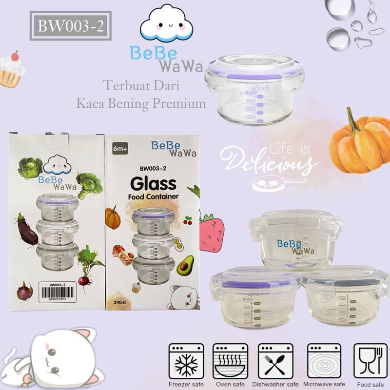 PROMO MITRA TERLARIS 3pcs 240ml Baby Glass Food Container BW003-2 / Glass Storage MPasi + penutup BPA FREE / Mangkok Kaca Tempat Makan Bayi