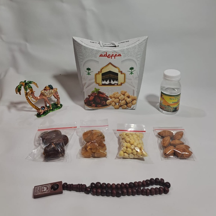 PAKET 8 oleh oleh haji dan umroh air zamzam ori + kacang almond + tasbih