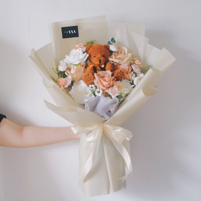ARTIFICIAL FLOWER BOUQUET WITH TEDDY BEAR BUKET BUNGA PALSU DENGAN BONEKA BERUANG BUKET BUNGA PALSU 