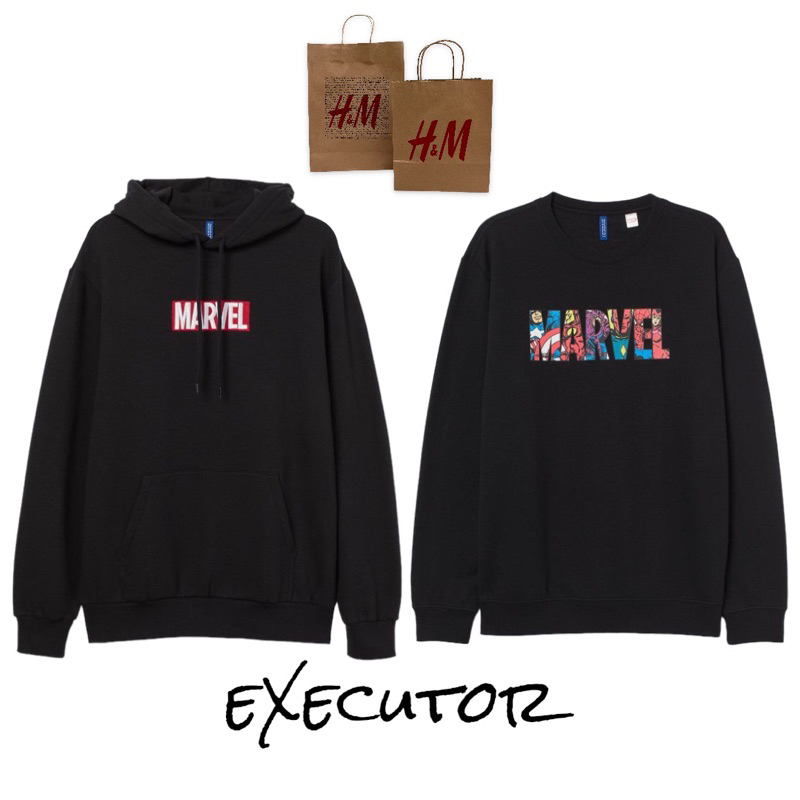 ( 8.8 ) Hoodie &amp; Sweatshirt H&amp;M Unisex Bordir Hoodie Marvel Black Hitam, Sablon Sweatshirt Marvel Black Hitam, Sablon Hoodie Marvel White Putih Free Papperbag, Flecee Katun Lembut Tebal, Free Papperbag