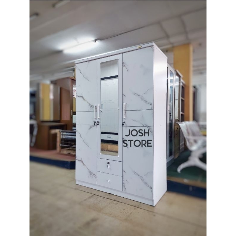 Lemari Pakaian Pintu Cermin - Rak Baju - Wardrobe - Putih Motif Marmer / Marble - FREE ONGKIR - FREE