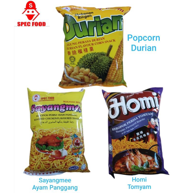 

Spec Food Popcorn Rasa Durian, Sayangmee Rasa Ayam Panggang, Homi Rasa Tomyam Malaysia
