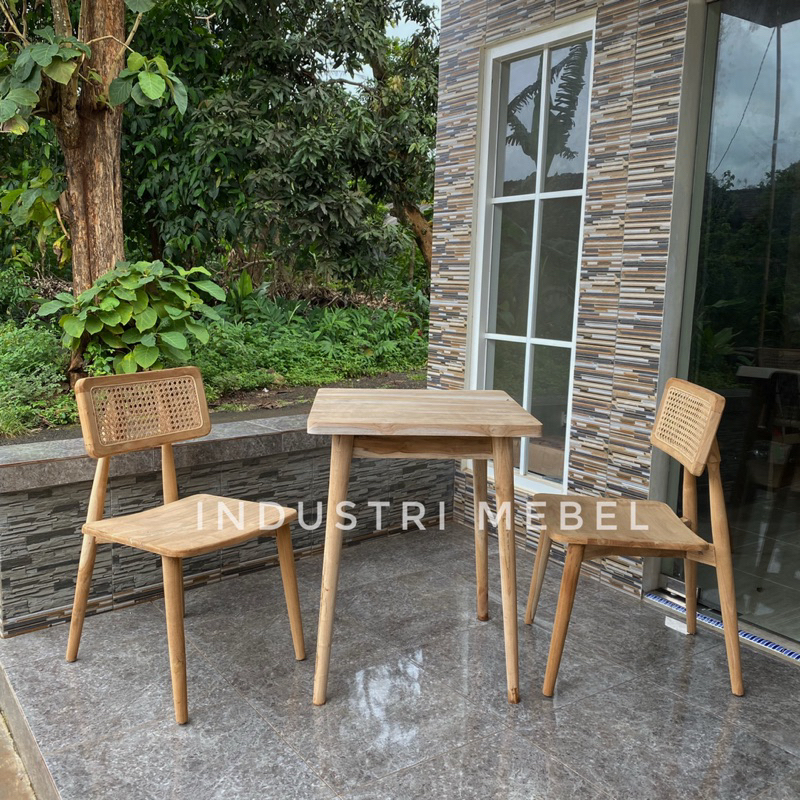 Set Meja Kursi Cafe Retro Scandinavian Rotan Jati - Meja Cafe Minimalis - Kursi Cafe Rotan Type Baru