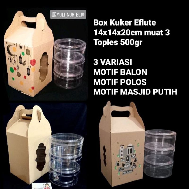 

Box Kuker Eflute Uk 14x14x20cm Muat 3 Toples 500gr MOTIF LEBARAN