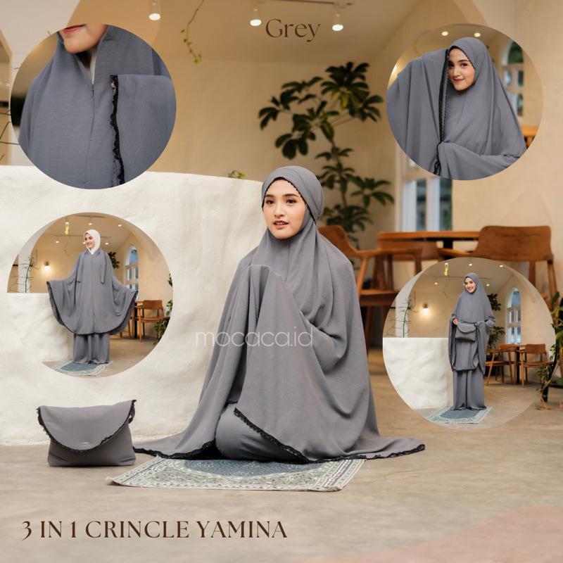 Mukena Dewasa 3 in 1 Jumbo Crincle Ironless Sleting Dagu ponco free tas travelling pouch renda hitam - grey abu