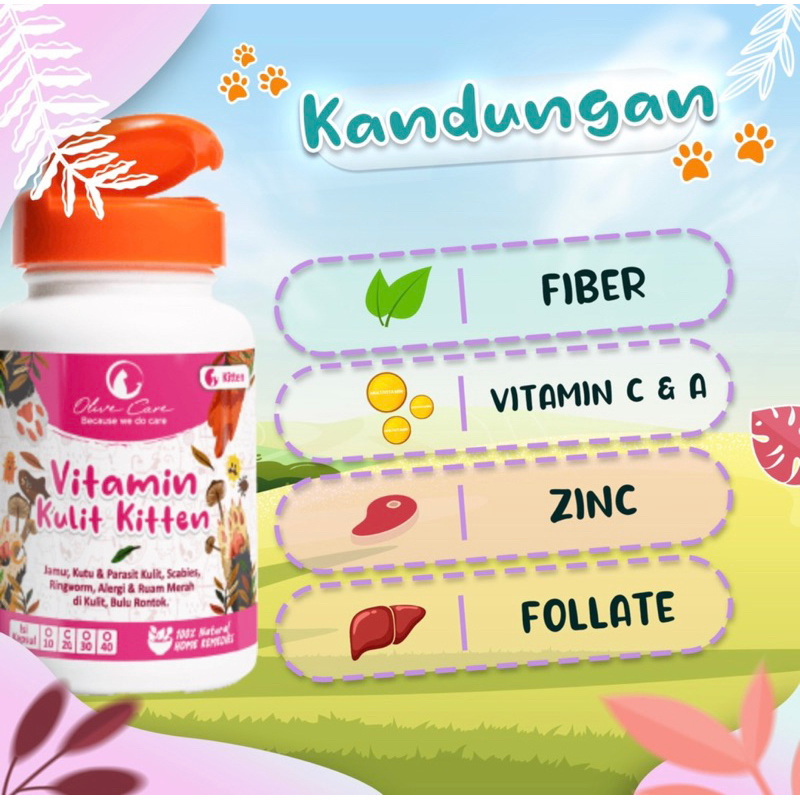 Olive Care Vitamin Kucing MASALAH KULIT KITTEN untuk Bulu Rontok, Jamur, Kutu, Scabies, Ringworm, Ruam dan Radang Kulit