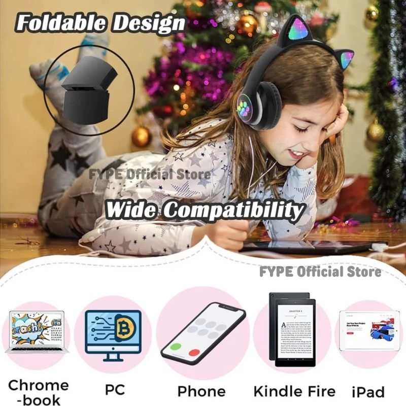 FYPE Headset Kucing LED TWS Bluetooth 5.0 Headphone Extra Bass