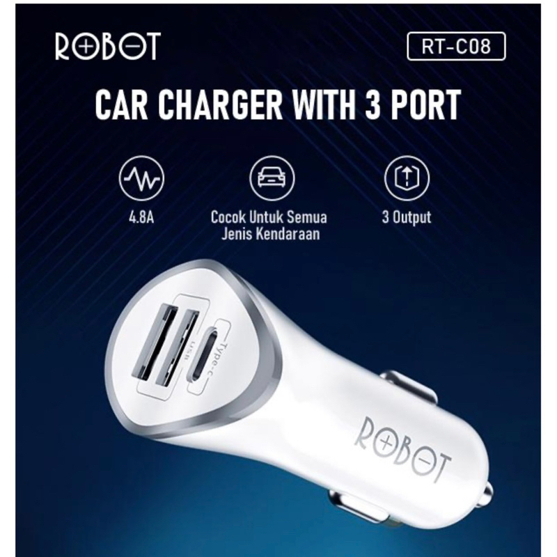 ROBOT RTC8 Adapter Car Charger 3 Port USB Fast Charging 4.8A USB A + Type C Charger Mobil Multi Protection