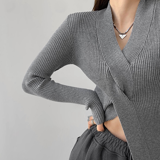 [Premium]Casual Long Sleeve V-Neck Knit  Top 7206