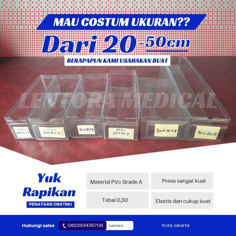 Costum ukuran kotak obat mika apotek, desain ukuran suka-suka