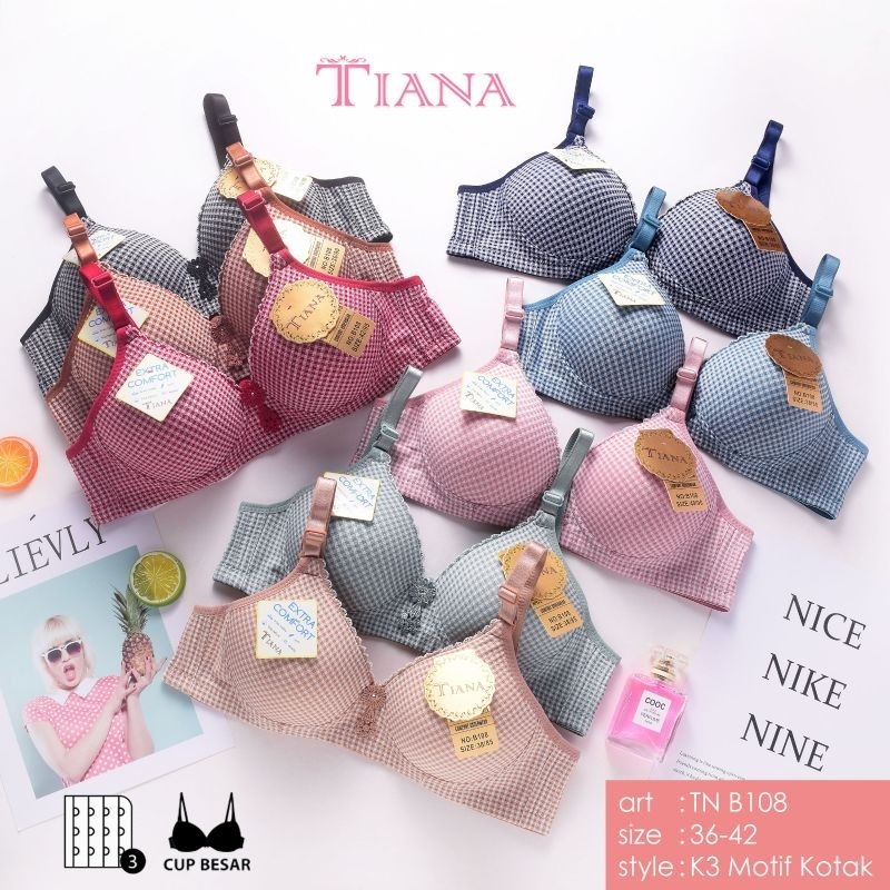 BRA TIANA B108 MOTIF KOTAK UKURAN 36-42 KAIT 3 CUP B/TANPA KAWAT BUSA SEDANG