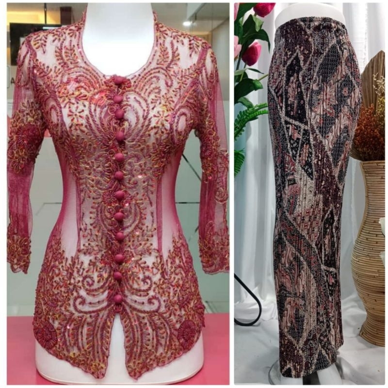 SETELAN KEBAYA PESTA WANITA MODERN PAYET TILLE BOUGENVILE TANGAN 7/8 KERAH SUNDA SIZE S-XXL