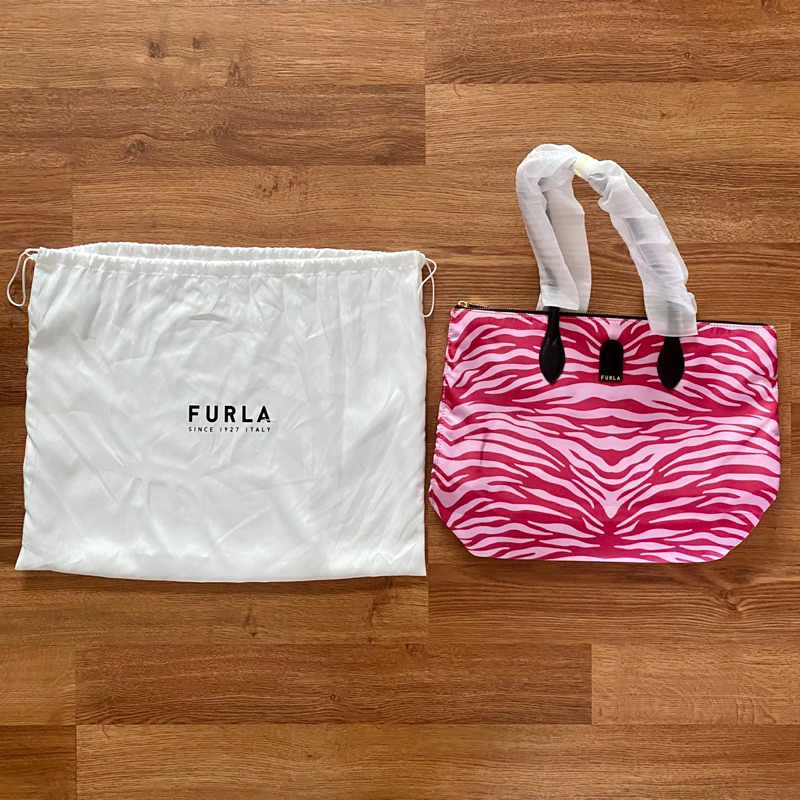 NEW TAS WANITA TOTE BAG FURLA CALYPSO ORIGINAL EXTRA LARGE NYLON ANIMAL PRINT ZEBRA PINK