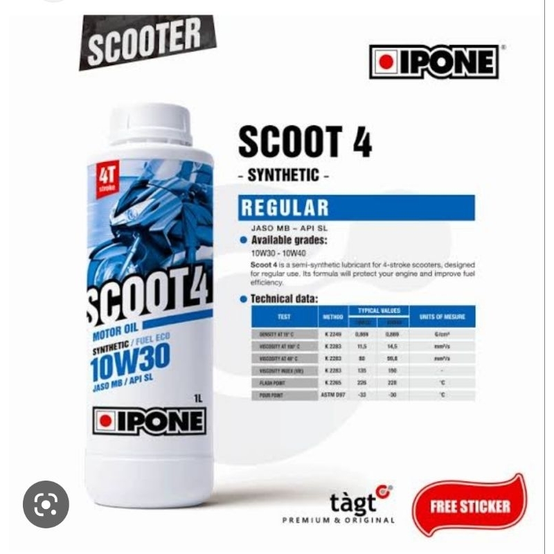 oli ipone scooter matic scoot 4 1000 ml sae 10-30 - 10+40synthetic / fuel eco jaso mb / api SL 100% original