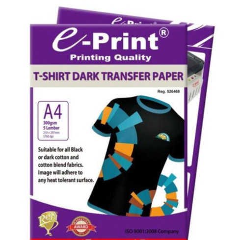 

Paper T-Shirt Transfer Paper Dark A4-150 gsm E-print - Kertas Print Sablon 5 Lembar
